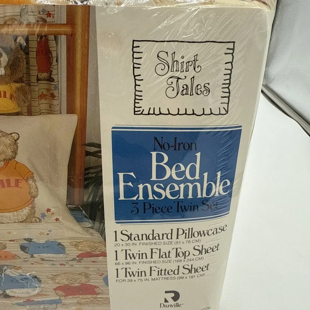 Vintage Shirt Tales 3 Piece Twin Set pillowcase flat & Fitted Bed Sheets New NOS